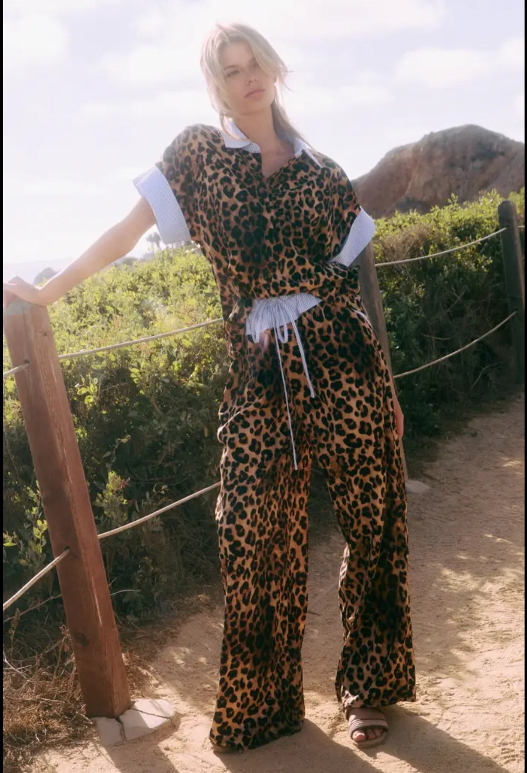 Two-Piece Leopard Printed Shirt Wide Leg Pants Set