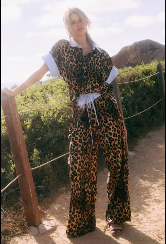 Two-Piece Leopard Printed Shirt Wide Leg Pants Set