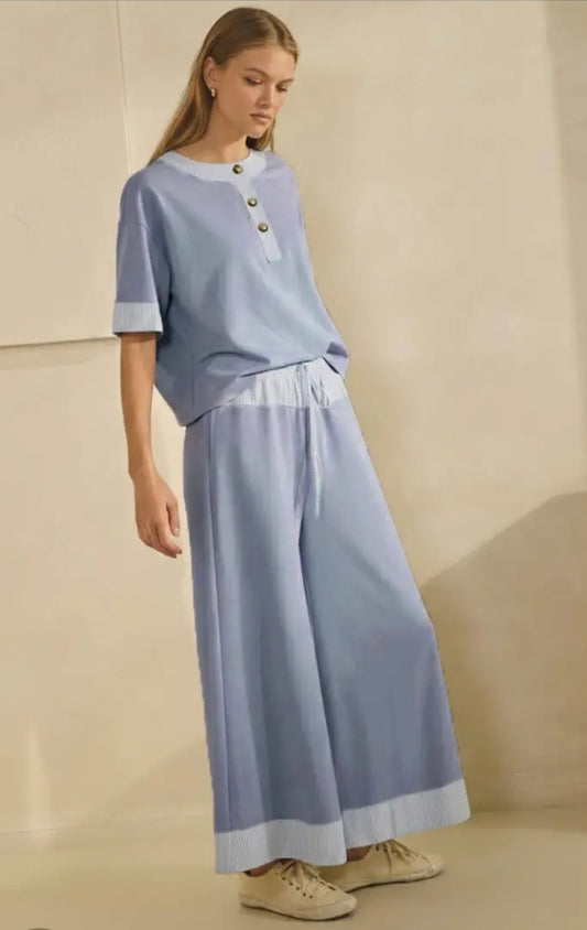 Two-Piece Contrast-Trim Henley Top and Pants Set