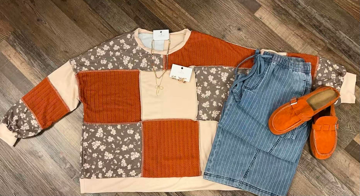 CURVY Round Neck Mixed Print Patchwork Top