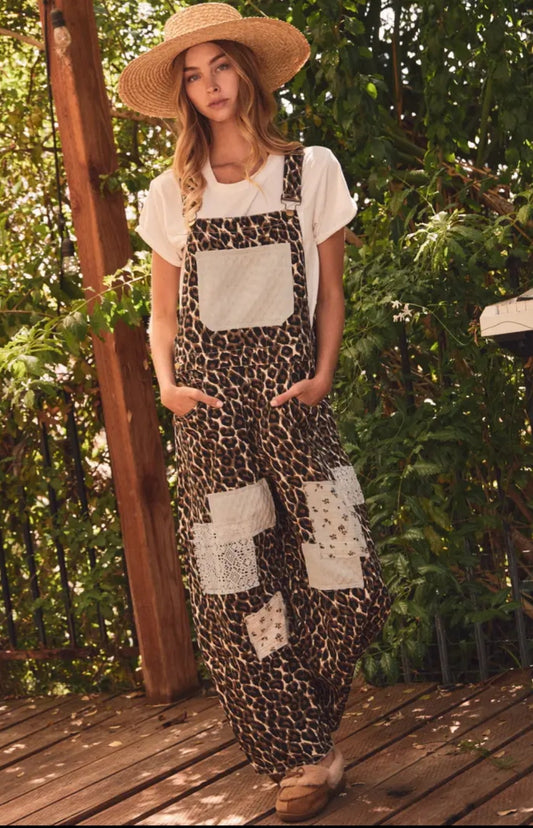Leopard Print Patchwork Overalls - Pants