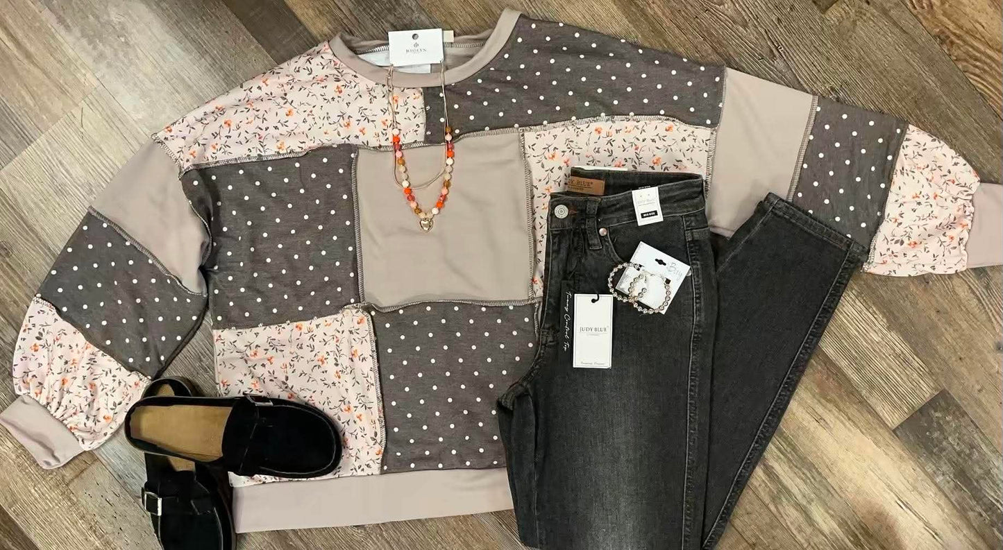Round Neck Mixed Print Patchwork Top