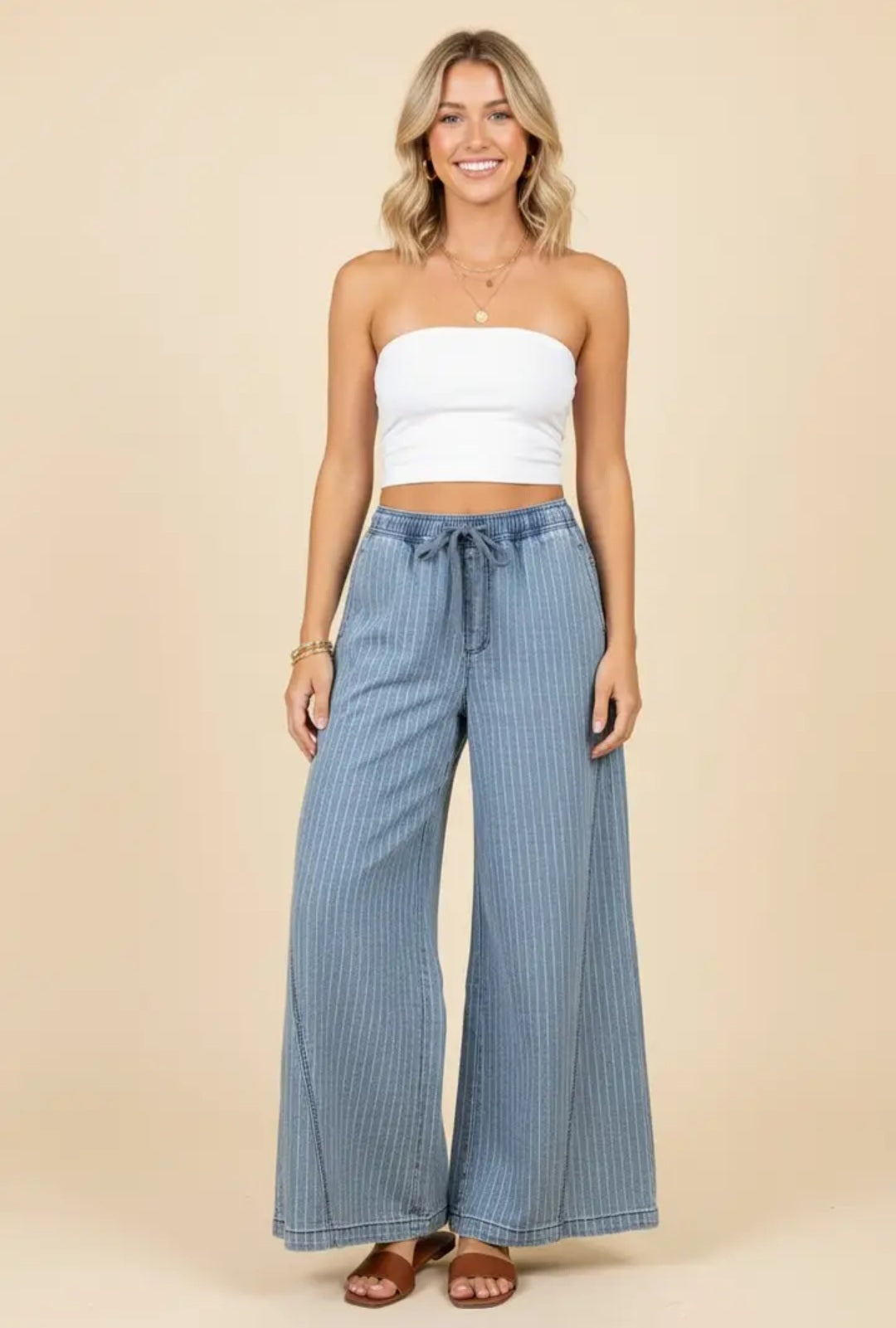 PINSTRIPE WIDE-LEG DRAWSTRING PANTS