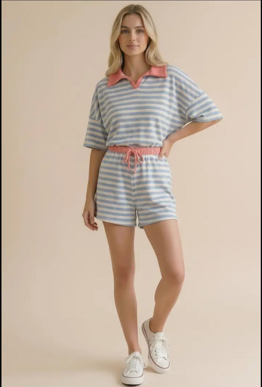 Two-piece Stripe Color Block Loose Fit Set