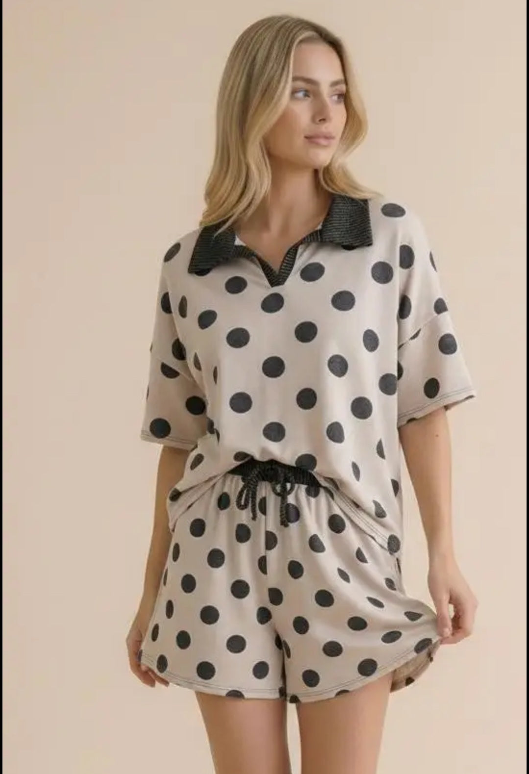 Ivory/Black Polka Dot two-piece short set